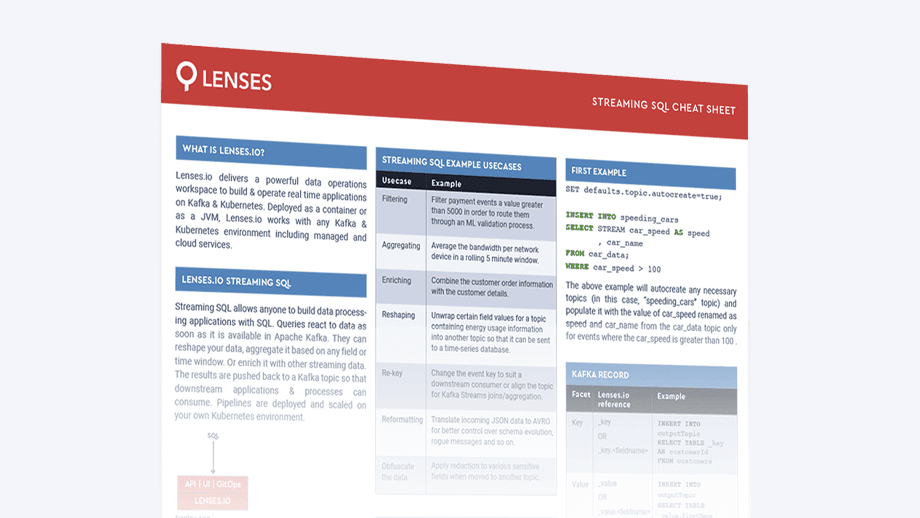 Streaming SQL cheatsheet for Apache Kafka